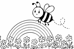 A bee flying over a rainbow toward a field of flowers