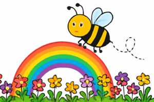 A bee flying over a rainbow toward a field of flowers