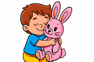 A child hugging a stuffed bunny