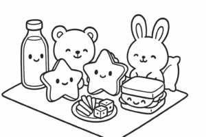 A kawaii picnic with smiling sandwiches, fruit, and a giggling lemonade bottle.