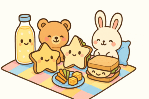 A kawaii picnic with smiling sandwiches, fruit, and a giggling lemonade bottle.