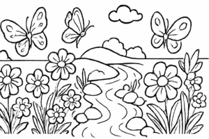 A peaceful garden with flowers, butterflies, and a gentle stream
