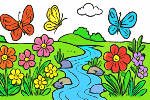 A peaceful garden with flowers, butterflies, and a gentle stream