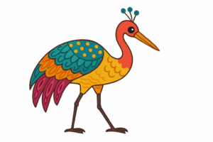 A-stylized crane with decorative feathers and patterns