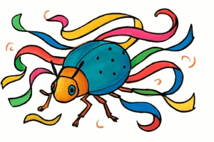Beetle with Flowing Ribbons A beetle with colorful ribbons fluttering around it in the breeze