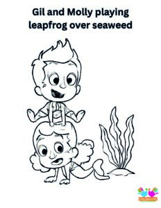 Gil and Molly playing leapfrog over seaweed.