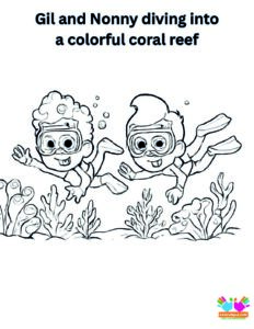 Gil and Nonny diving into a colorful coral reef.