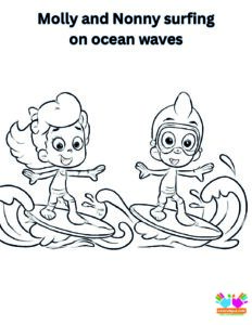 Molly and Nonny surfing on ocean waves.