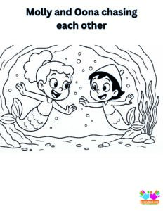 Molly and Oona chasing each other around an underwater cave.