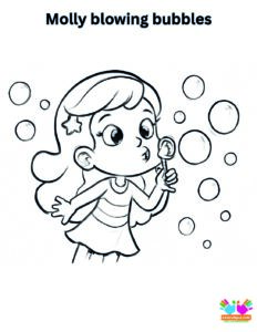 Molly blowing bubbles that float around her.