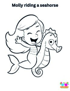 Molly riding a seahorse, laughing.