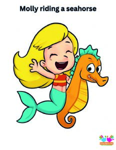 Molly riding a seahorse, laughing