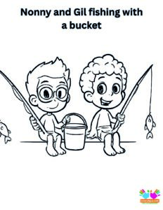 Nonny and Gil fishing with a bucket.