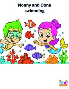 Nonny and Oona swimming through a coral reef with fish