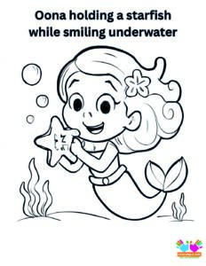 Oona holding a starfish while smiling underwater.