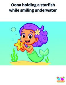 Oona holding a starfish while smiling underwater