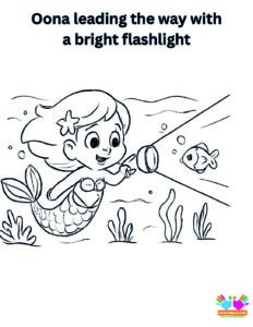 Oona leading the way with a bright flashlight in the deep ocean.