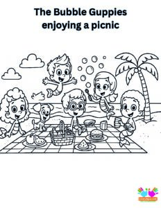 The Bubble Guppies enjoying a picnic on the beach.