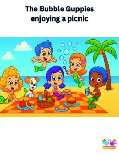 The Bubble Guppies enjoying a picnic on the beach