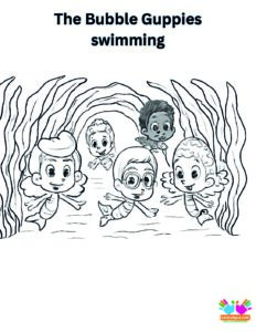 The Bubble Guppies swimming through a tunnel made of seaweed.