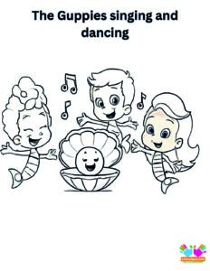 The Guppies singing and dancing around a clam shell.