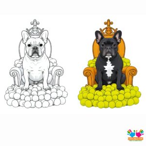 A French bulldog sitting on a throne made of tennis balls.