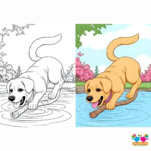 A Labrador diving into a lake to retrieve a stick.