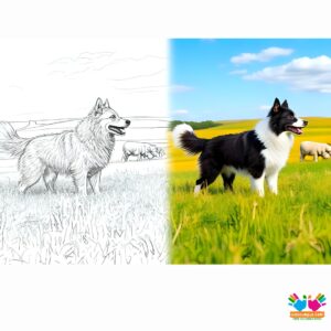 A border collie herding sheep in a wide open field.