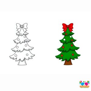 A bow at the top of a decorated tree.