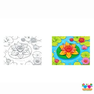 A bow floating in a pond with lily pads.