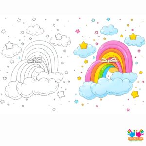 A bow floating in a sky of clouds and stars.