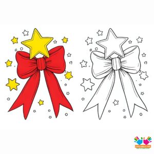 A bow in a coloring page filled with smiling stars.