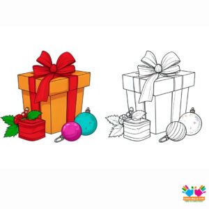 A bow on a Christmas gift box with ornaments.