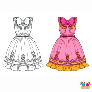 A bow on a frilly dress with decorative patterns.