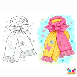 A bow on a scarf with winter snowflake patterns.