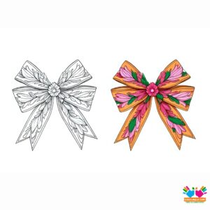 A bow with floral designs and leafy accents.