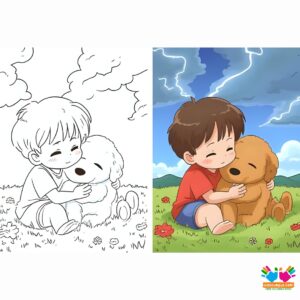 A child hugging their dog during a thunderstorm.