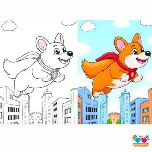 A corgi with a superhero cape flying over a cartoon city.