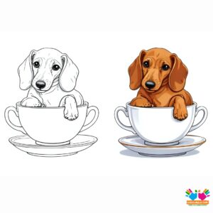 A dachshund curled up inside a teacup.