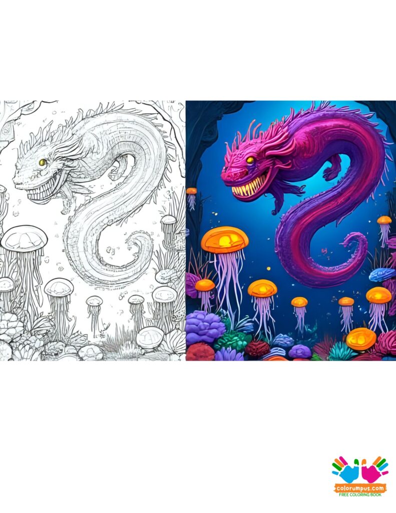 A deep-sea leviathan illuminated by glowing jellyfish in an underwater cavern.