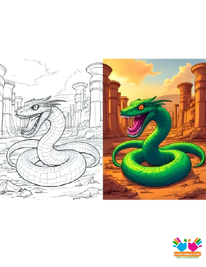 A desert serpent with gemstone eyes slithering through ancient ruins.
