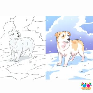 A dog catching snowflakes in winter.