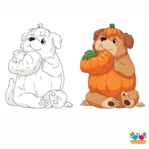 A dog dressed as a pumpkin for Halloween.