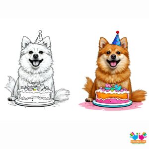 A dog enjoying a custom birthday cake shaped like a bone.