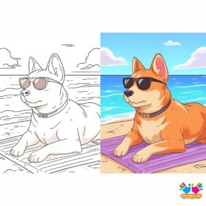 A dog in sunglasses relaxing on a beach during summer.