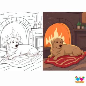 A dog lying next to a fireplace with a warm blanket.