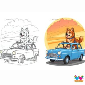 A dog riding in a car with its head out the window, ears flapping.