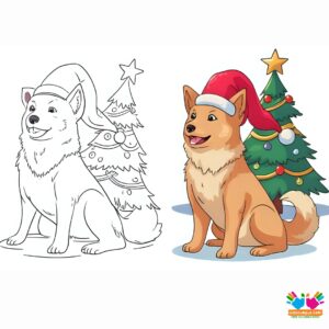 A dog wearing a Santa hat under a Christmas tree.