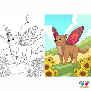 A dog with butterfly wings flying over a fantasy meadow.