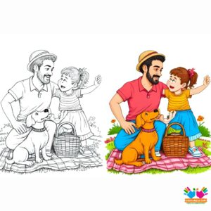 A family picnic with their dog sitting patiently next to the picnic basket.